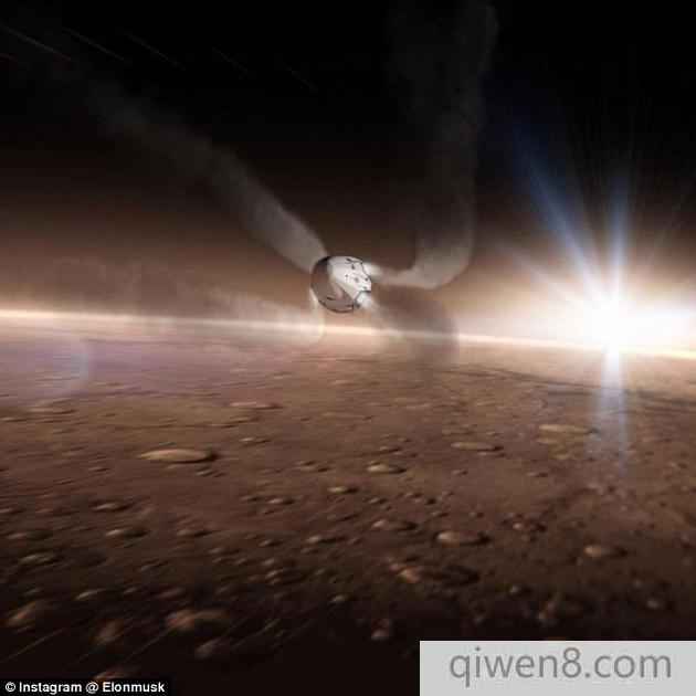馬斯克用一系列海報展示了SpaceX公司的火星任務。圖中是正在接近火星表面的飛船。
